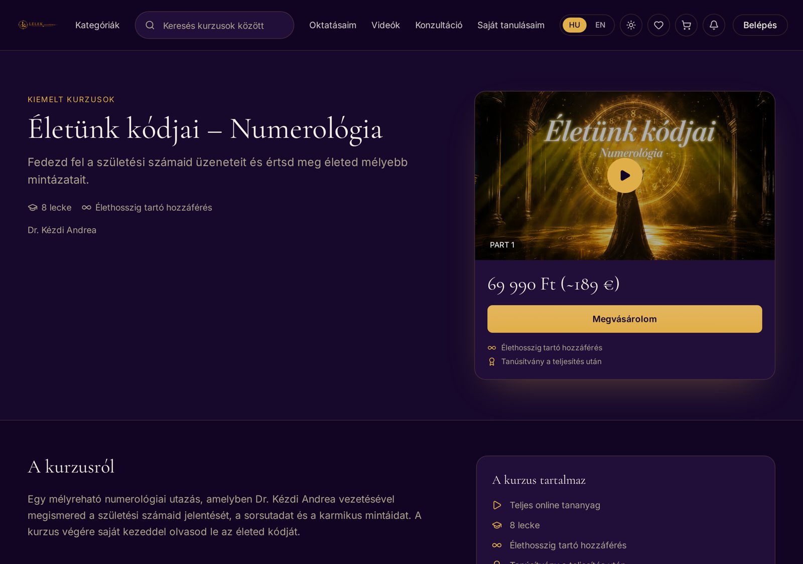 Tanfolyam részletes oldala